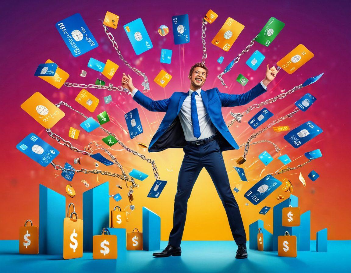 A dynamic scene showcasing a person breaking free from chains made of credit cards, surrounded by vibrant icons representing financial security, such as dollar signs, upward graphs, and key symbols. The background features a bright horizon symbolizing a new beginning and freedom. The overall mood is empowering and optimistic. super-realistic. vibrant colors. 3D.