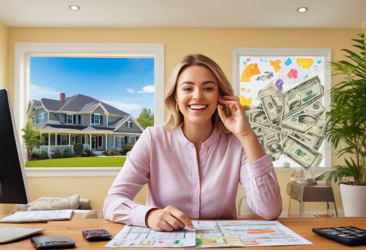 A dynamic split image showcasing the transition from a person looking stressed while reviewing their low credit score on one side, to the same individual joyfully holding keys to a new home on the other side, surrounded by vibrant symbols of financial success such as bills getting paid off, investment graphs soaring, and a glowing credit score. Incorporate elements like piggy banks, dollar bills, and pathways leading to financial freedom. super-realistic. vibrant colors. inspiring atmosphere.