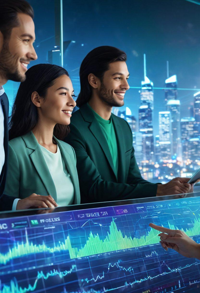 A futuristic city skyline featuring advanced financial technology, with glowing digital interfaces displaying credit management data. Include diverse people interacting with holographic financial tools, like charts and credit scores, while smiling and looking empowered. Soft blue and green tones for a positive vibe. super-realistic. vibrant colors. high-tech atmosphere.